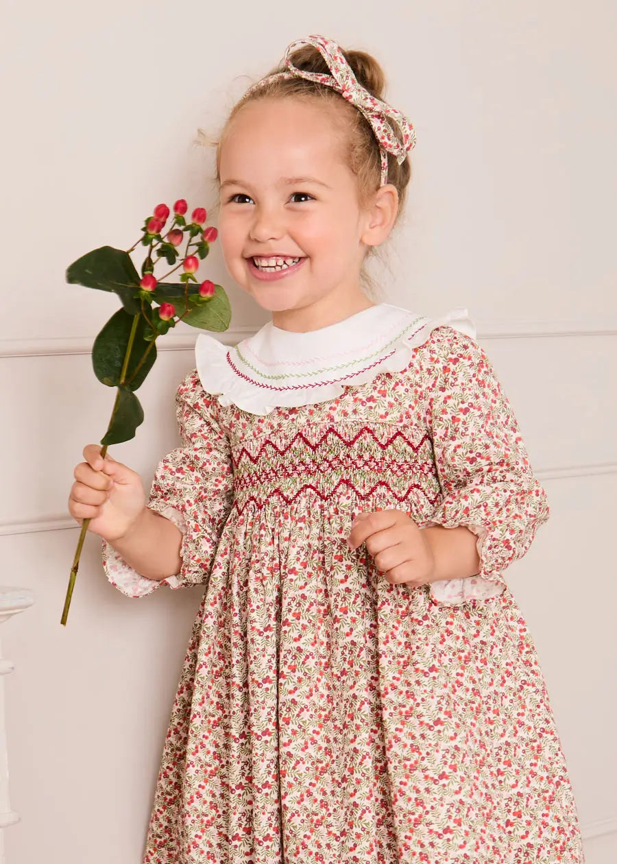 Evelyn Floral Hand Smocked Embroidered Collar Long Sleeve Dress in Pink (12mths-10yrs) Dresses from Pepa London US