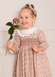 Evelyn Floral Hand Smocked Embroidered Collar Long Sleeve Dress in Pink (12mths-10yrs) Dresses from Pepa London US