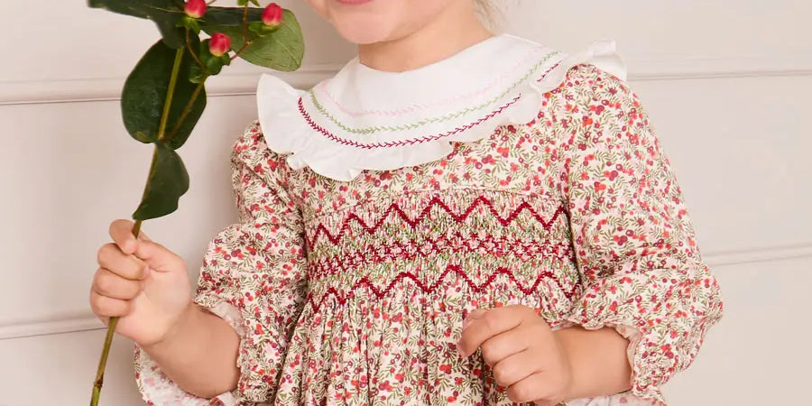 Evelyn Floral Hand Smocked Embroidered Collar Long Sleeve Dress in Pink (12mths-10yrs) Dresses from Pepa London US