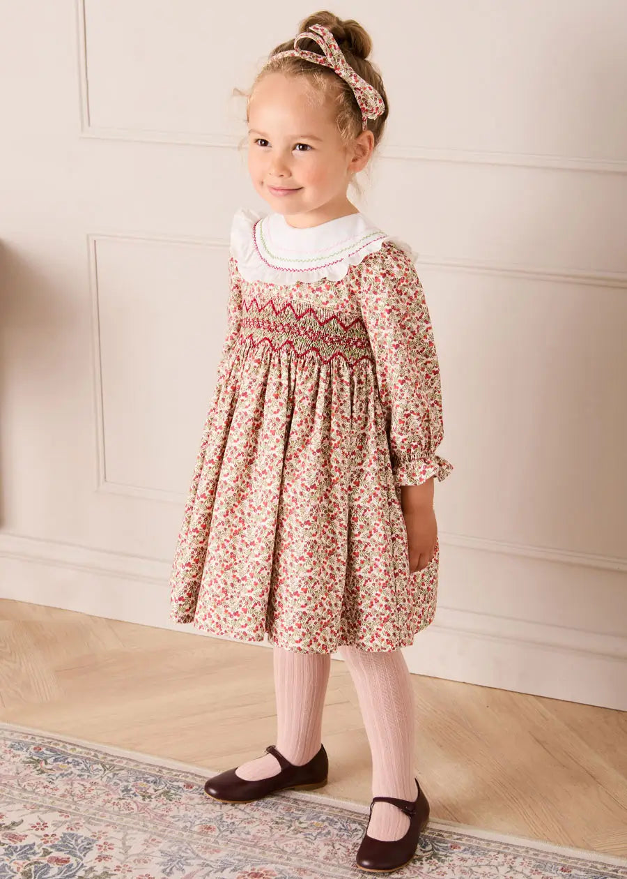 Evelyn Floral Hand Smocked Embroidered Collar Long Sleeve Dress in Pink (12mths-10yrs) Dresses from Pepa London US