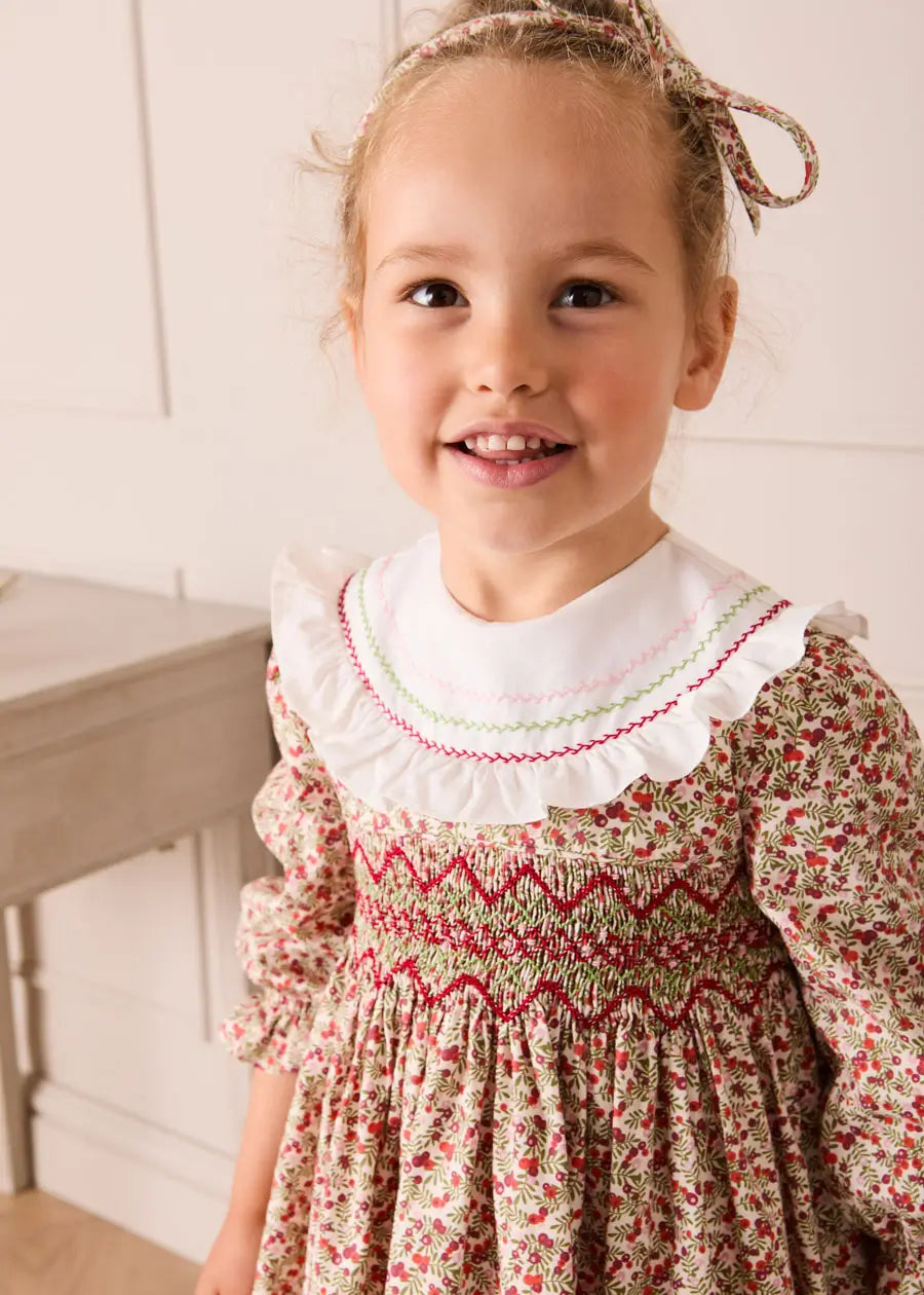 Evelyn Floral Hand Smocked Embroidered Collar Long Sleeve Dress in Pink (12mths-10yrs) Dresses from Pepa London US