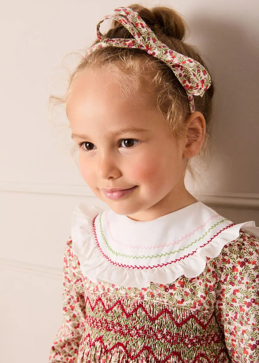 Evelyn Floral Hand Smocked Embroidered Collar Long Sleeve Dress in Pink (12mths-10yrs) Dresses from Pepa London US