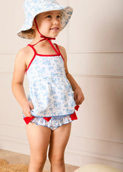 Audrey Toile Bow Detail Smocked Two Piece Swimsuit in Blue (12mths- 10yrs) SWIMWEAR from Pepa London US