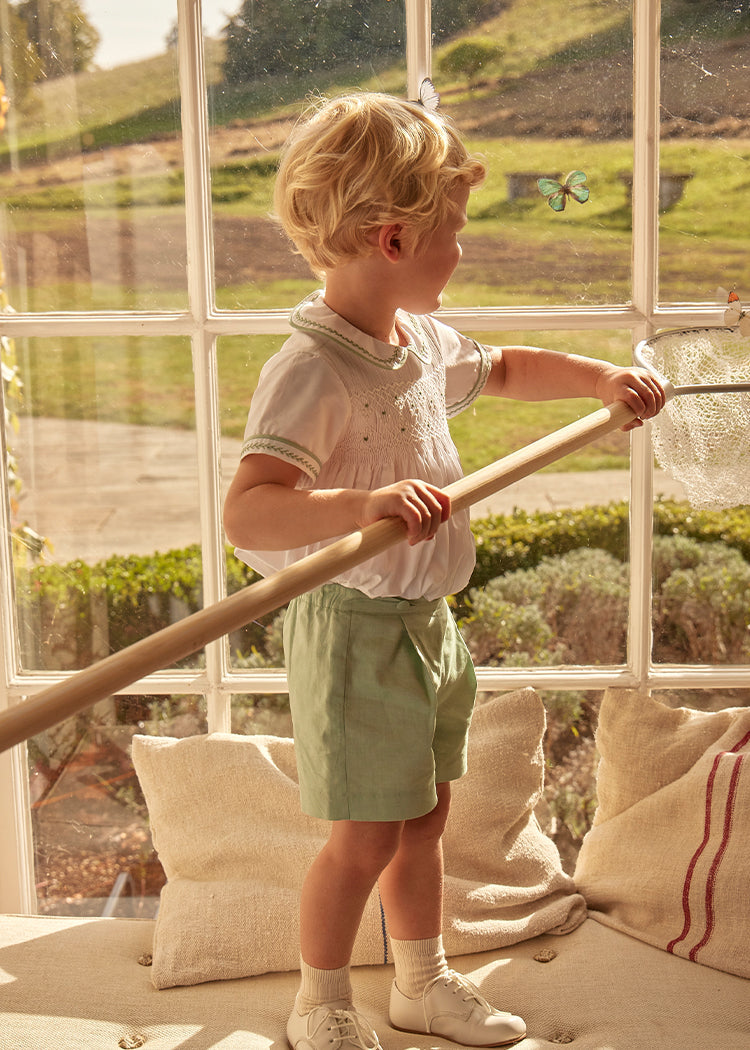 Hand Smocked Peter Pan Collar Short Sleeve Two Piece Set in Green (18mths-6yrs) Two Piece Set  from Pepa London US