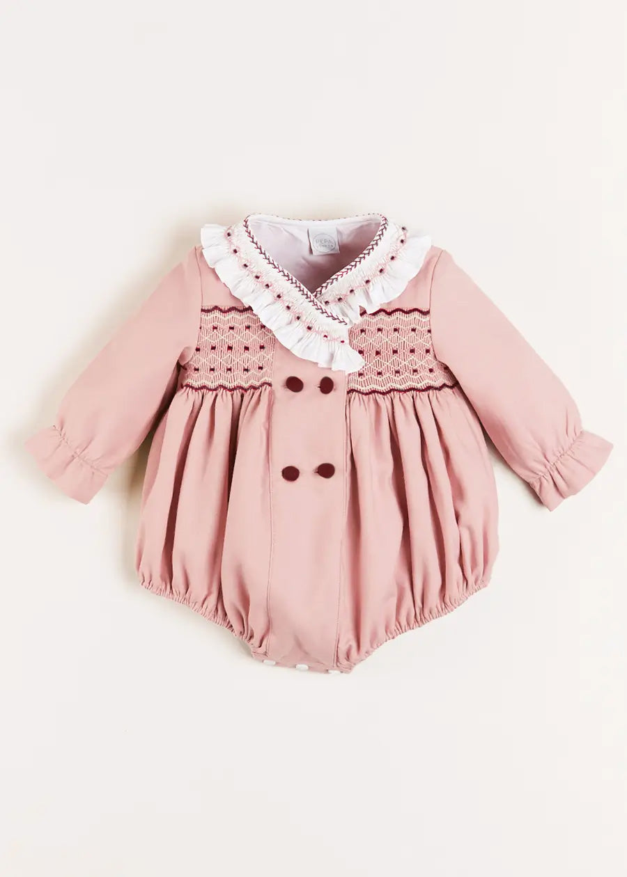 Hand Smocked Double Breasted Long Sleeve Romper in Pink (6mths-2yrs) Rompers from Pepa London US