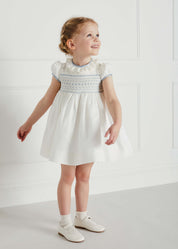 Ivory Hand Smocked Occasion Dress with Blue Details (6mths-8yrs) Dresses from Pepa London US