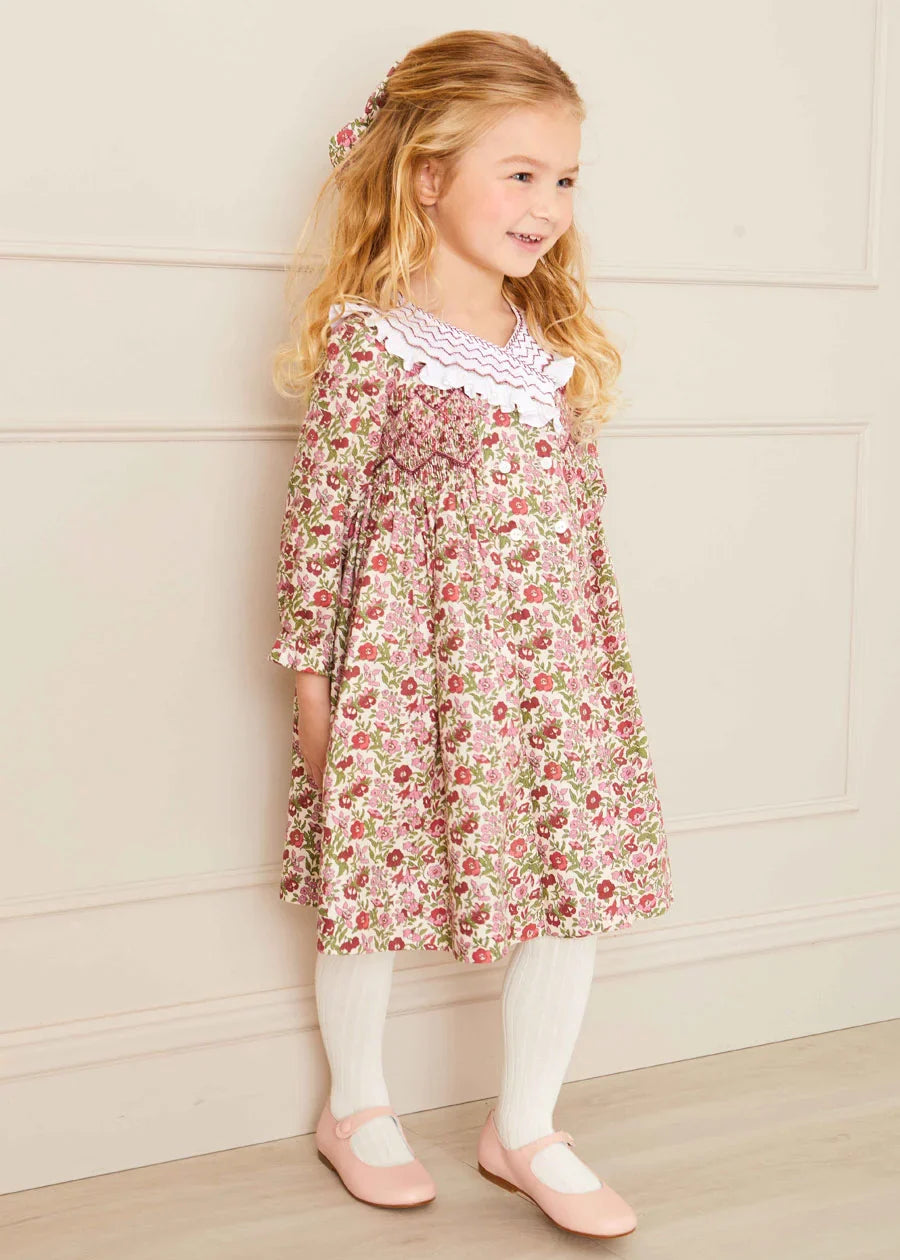 Daphne Floral Hand Smocked Double Breasted Dress in Pink (18mths-10yrs) Dresses from Pepa London US