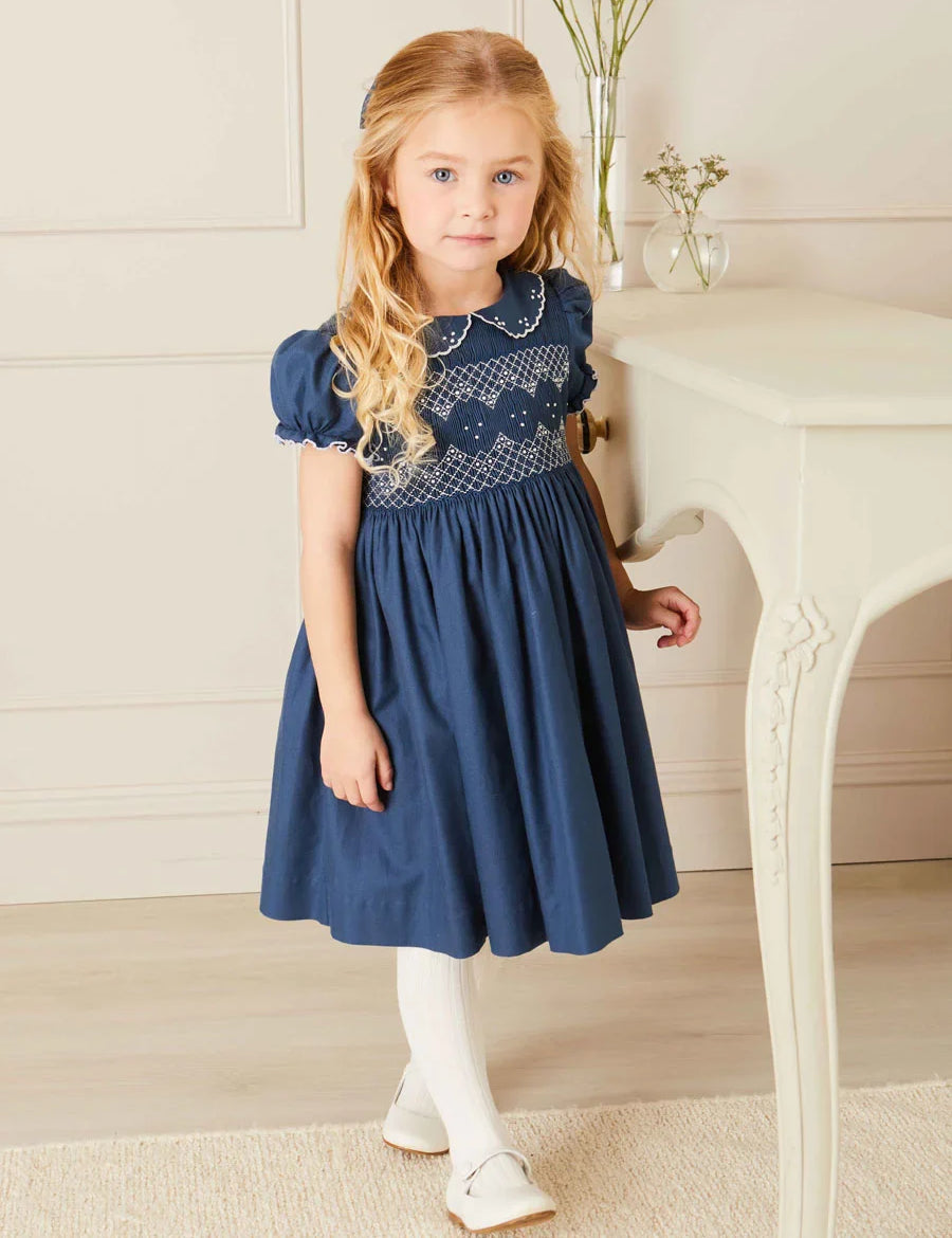 Hand Smocked Shortsleeve Dress in Royal Blue (12mths-10yrs) Dresses from Pepa London US