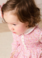 Nellie Floral Hand Smocked Long Sleeve Romper in Pink (6mths-2yrs) Rompers from Pepa London US