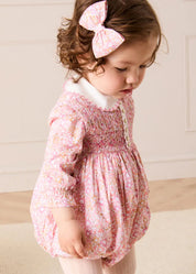 Nellie Floral Hand Smocked Long Sleeve Romper in Pink (6mths-2yrs) Rompers from Pepa London US