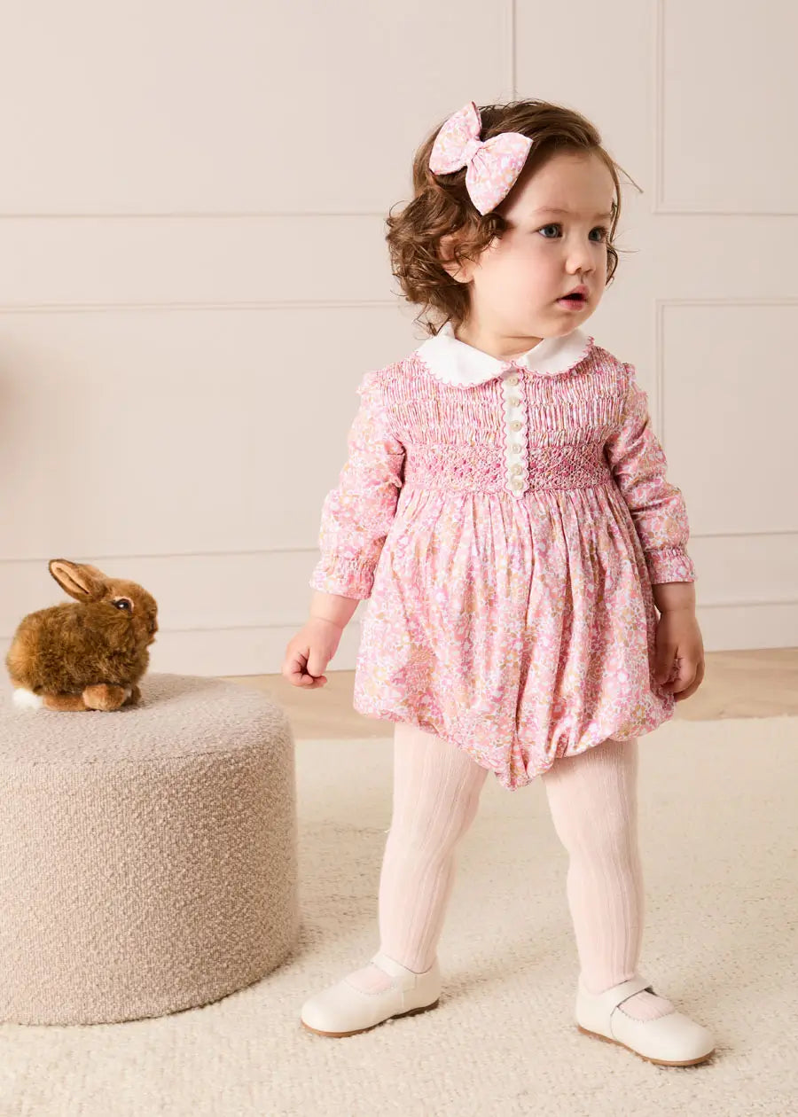 Nellie Floral Hand Smocked Long Sleeve Romper in Pink (6mths-2yrs) Rompers from Pepa London US