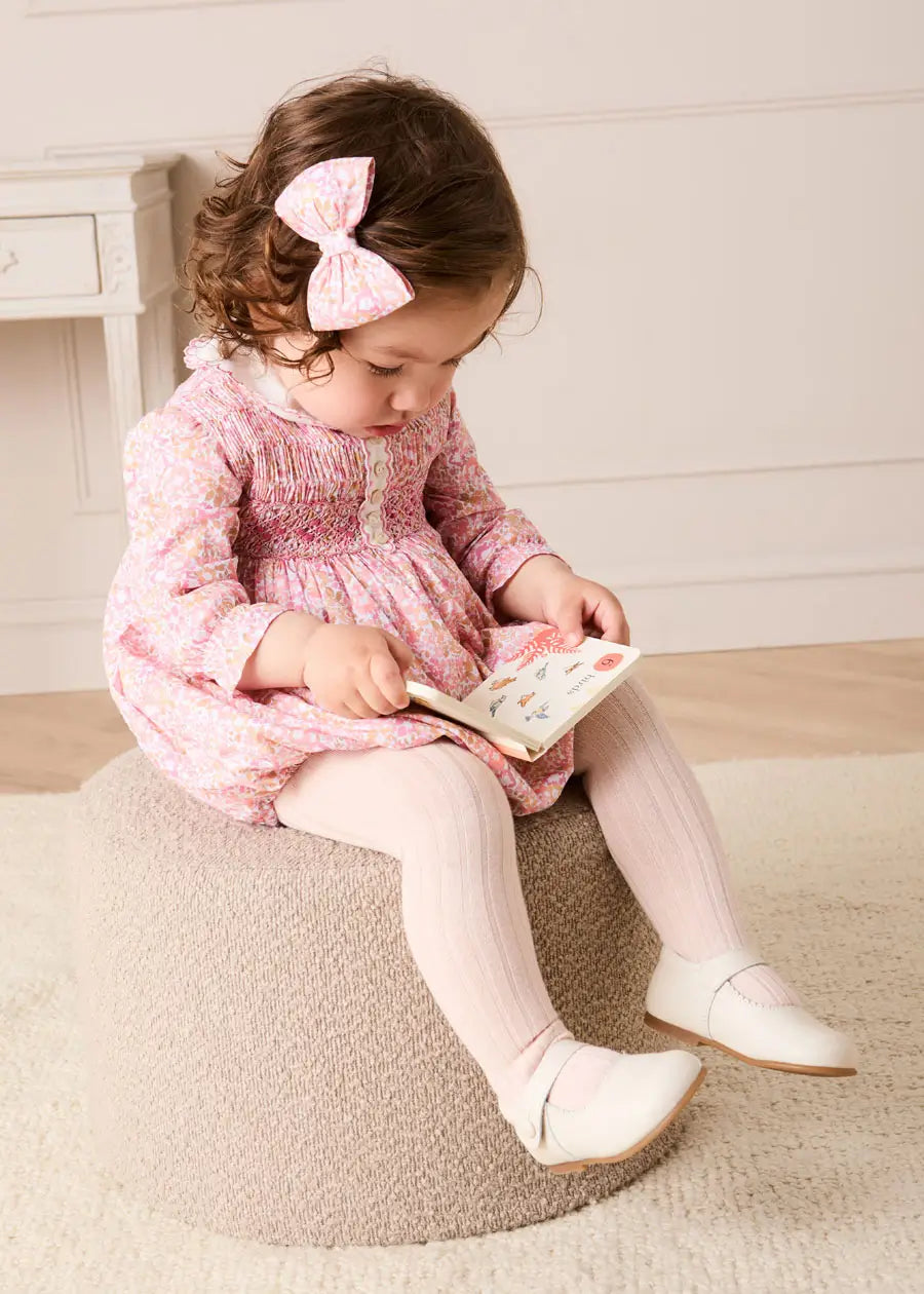 Nellie Floral Hand Smocked Long Sleeve Romper in Pink (6mths-2yrs) Rompers from Pepa London US