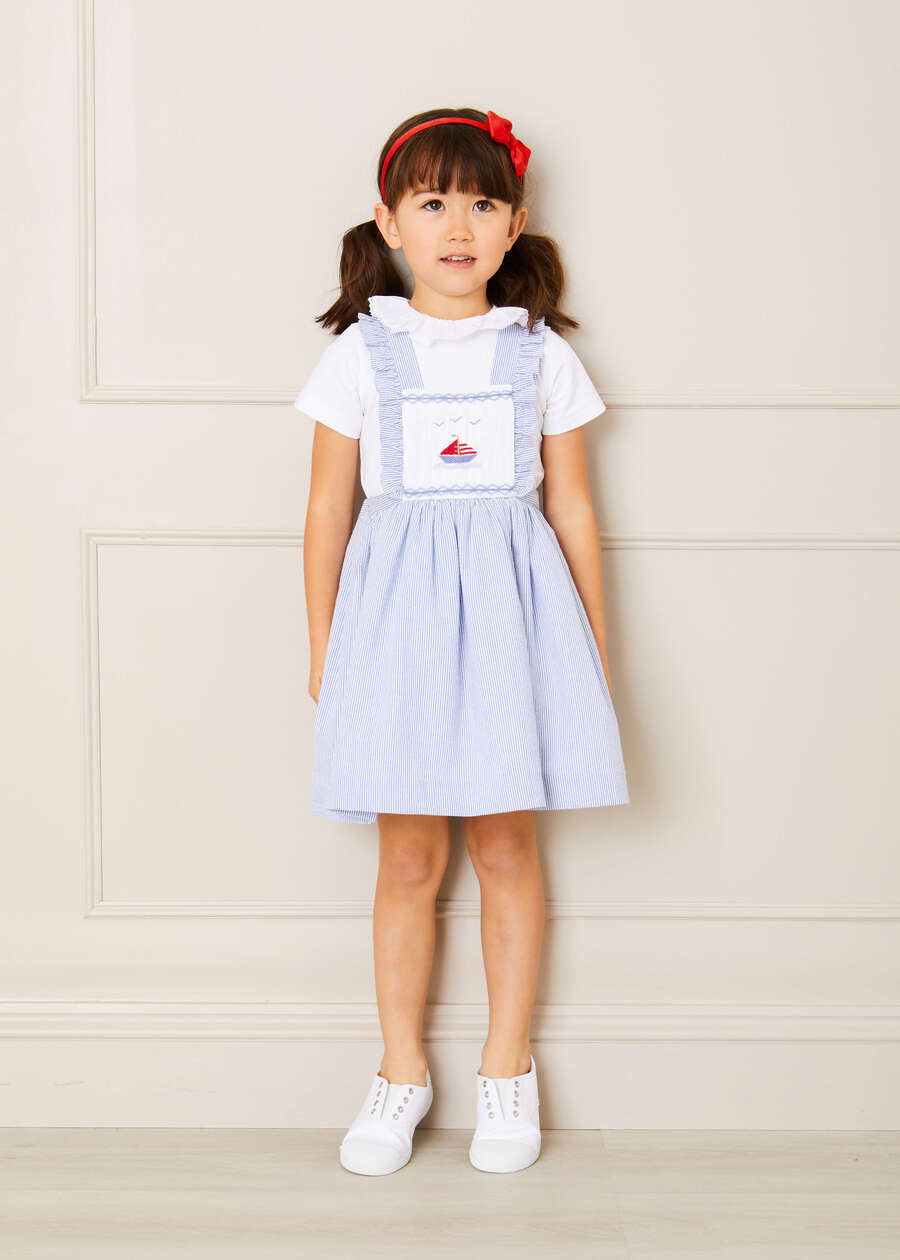 Nautical Striped Boat Embroidered Skirt with Braces in Blue (18mths-4yrs) Skirts from Pepa London US