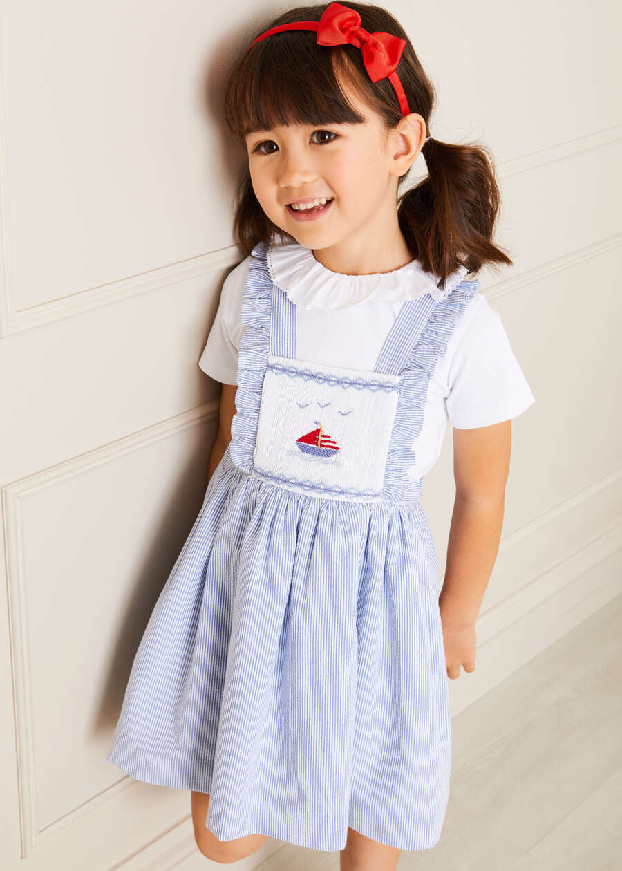 Nautical Striped Boat Embroidered Skirt with Braces in Blue (18mths-4yrs) Skirts  from Pepa London US