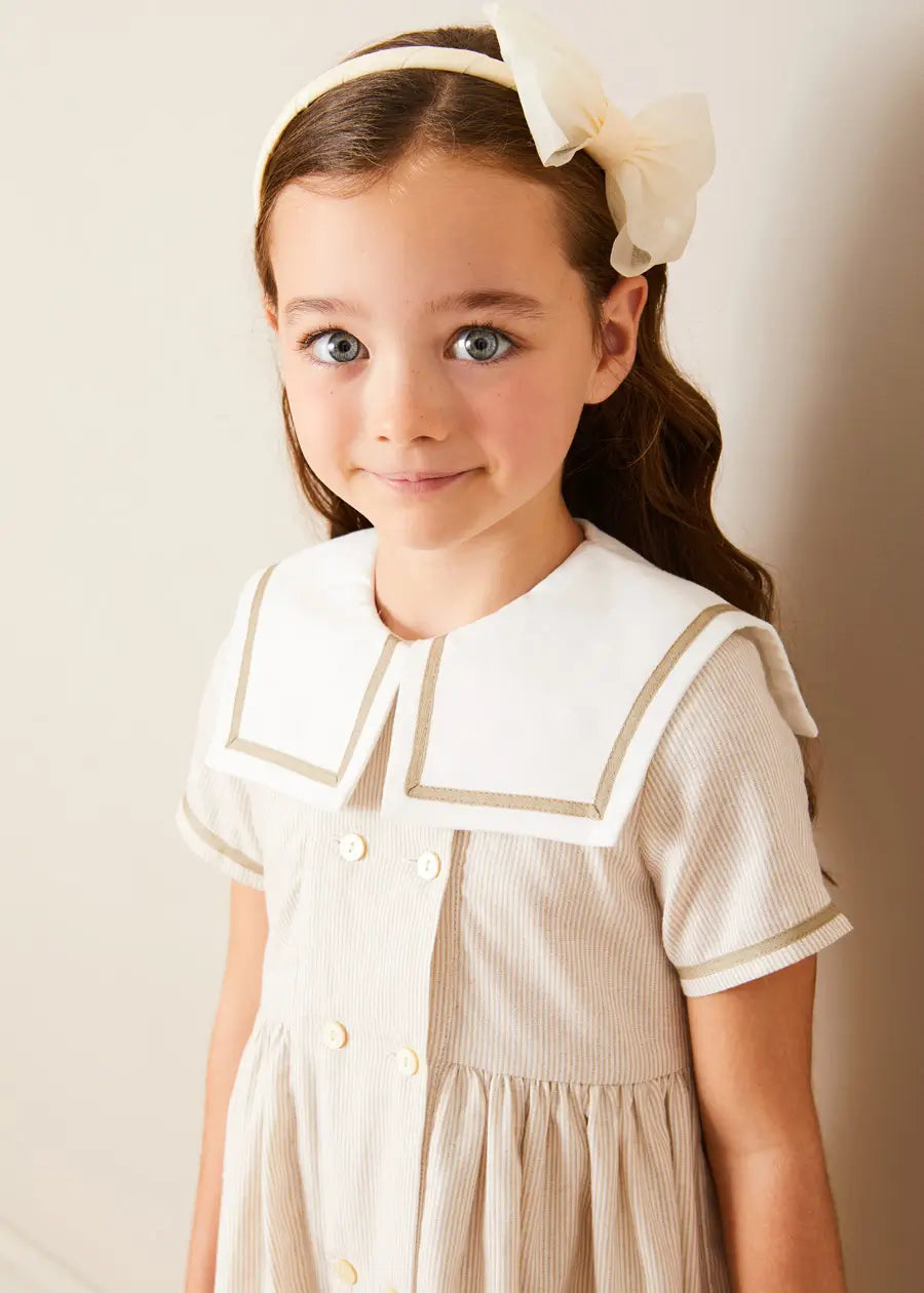 Waterford Striped Mariner Collar Double Breasted Short Sleeve Dress in Beige (12mths-10yrs) DRESSES from Pepa London US