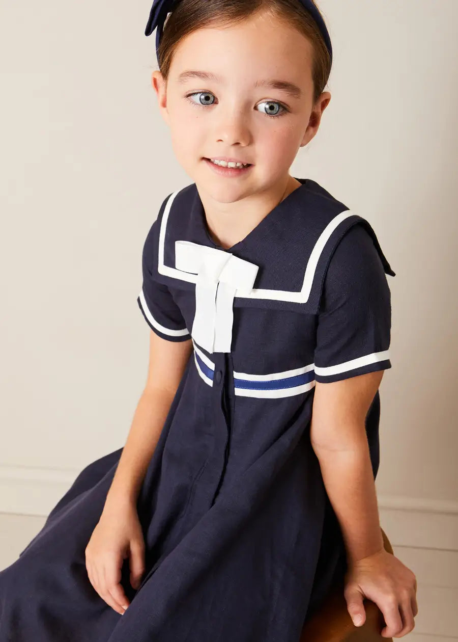 Mariner Collar Bow Detail Short Sleeve Dress in Navy (4-12yrs) DRESSES from Pepa London US