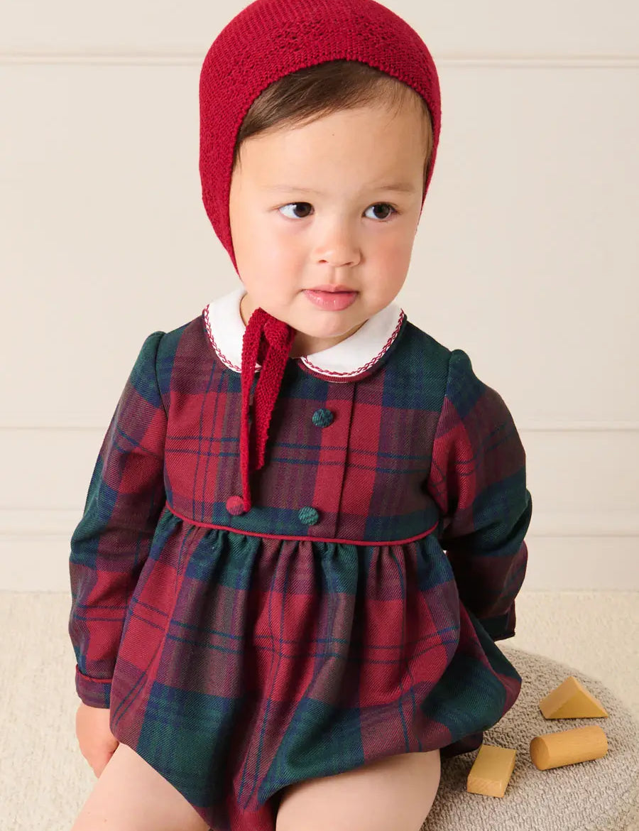 Grosvenor Tartan Peter Pan Collar Long Sleeve Romper in Red (6mths-3yrs) Rompers from Pepa London US