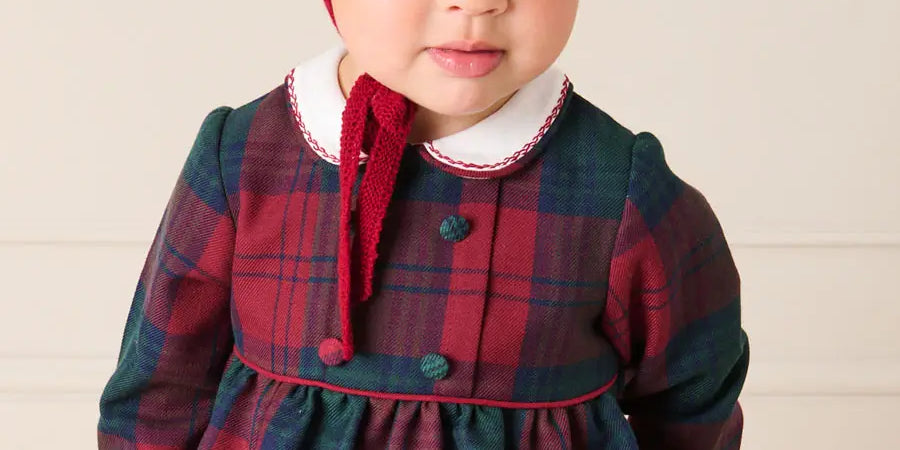 Grosvenor Tartan Peter Pan Collar Long Sleeve Romper in Red (6mths-3yrs) Rompers from Pepa London US
