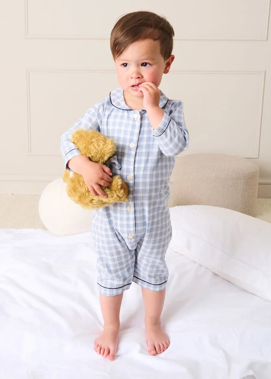 Wilfred Check Long Sleeve All In One Pyjamas in Blue (6mths-3yrs) NIGHTWEAR from Pepa London US