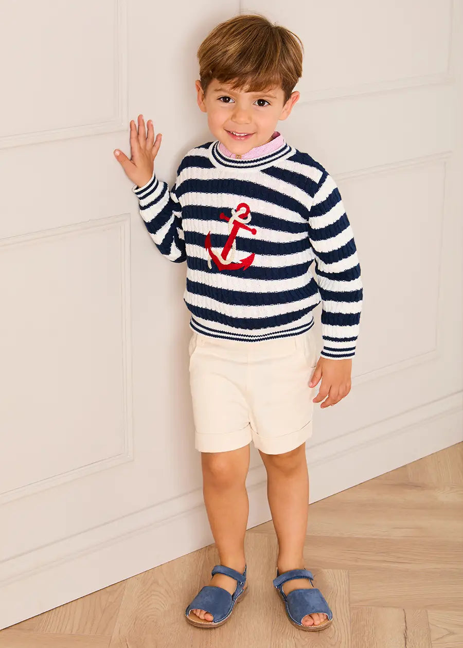 Anchor Motif Cable Knit Sailor Stripe Jumper in Navy (12mths- 10yrs) KNITWEAR from Pepa London US