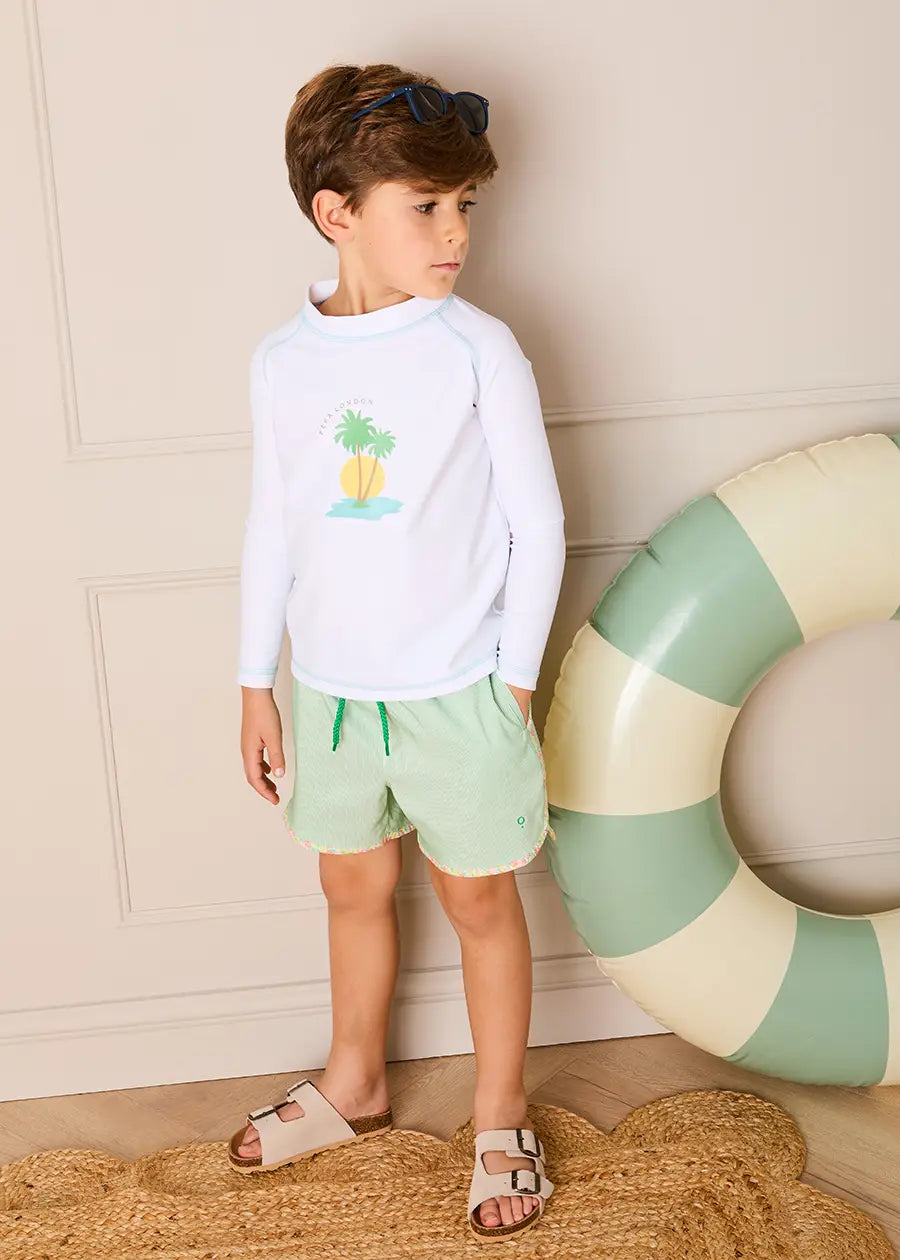 Striped Annie Apple Trim Detail Swim Shorts in Green (12mths- 10yrs) Swimwear from Pepa London US