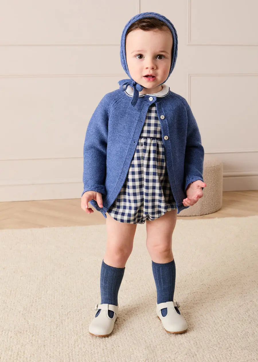 Draycott Check Peter Pan Collar Long Sleeve Romper in Blue (6mths-3yrs) Rompers from Pepa London US