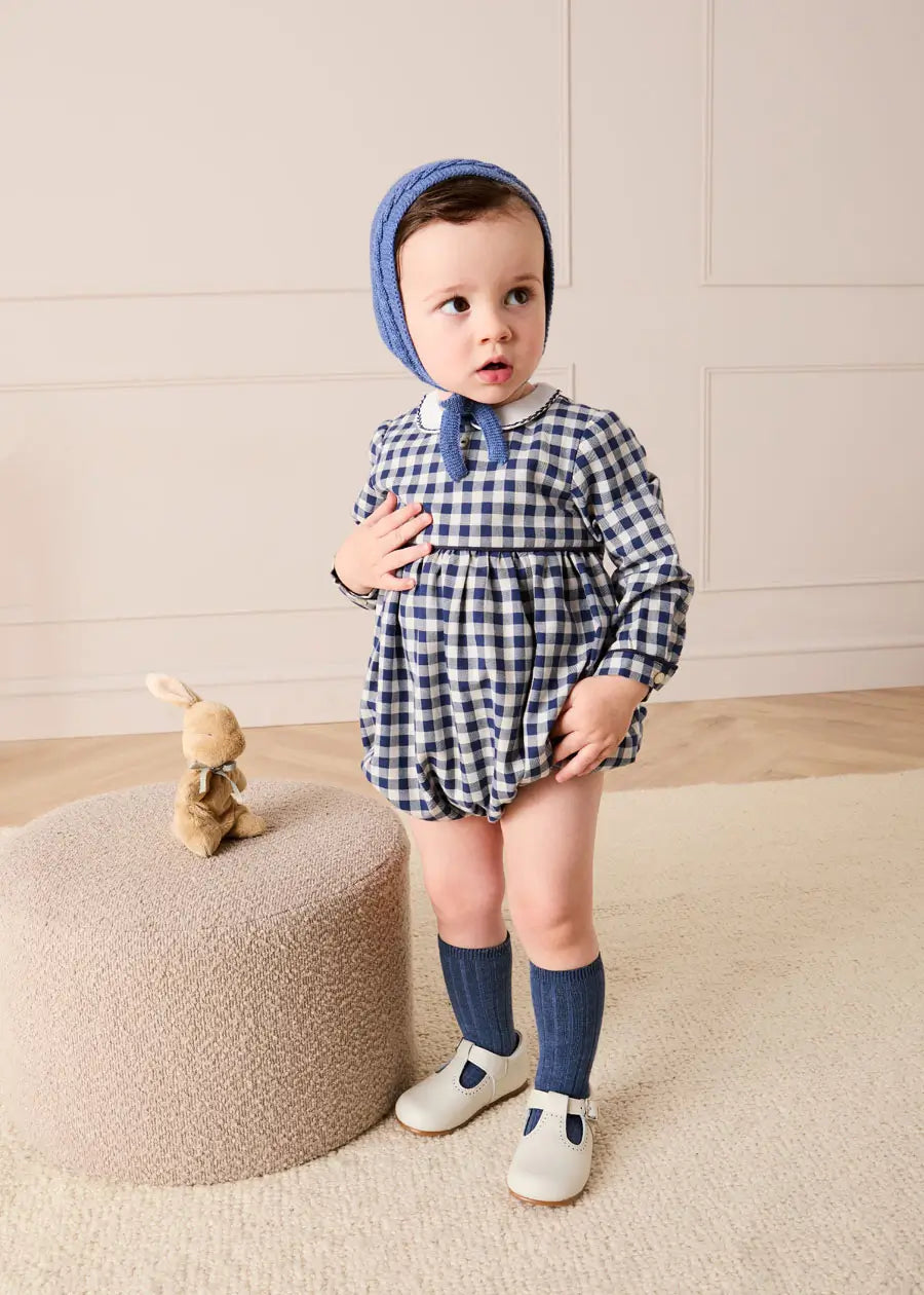 Draycott Check Peter Pan Collar Long Sleeve Romper in Blue (6mths-3yrs) Rompers from Pepa London US