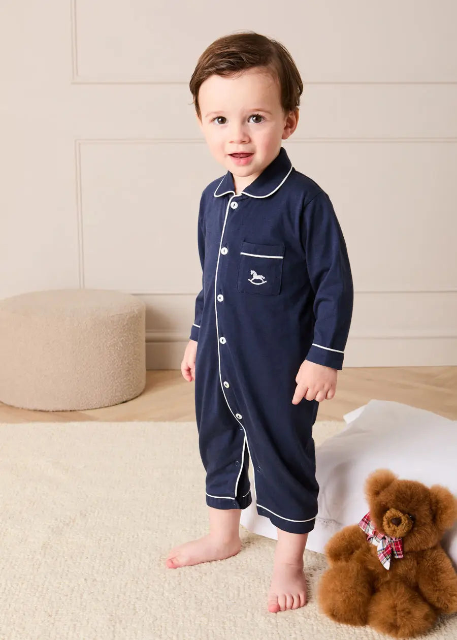 Rocking Horse Embroidered Pima Cotton All In One Pyjamas in Navy (6mths-3yrs) NIGHTWEAR from Pepa London US