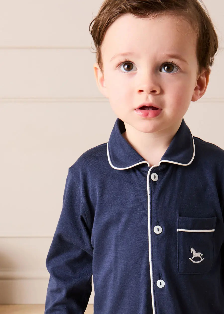 Rocking Horse Embroidered Pima Cotton All In One Pyjamas in Navy (6mths-3yrs) NIGHTWEAR from Pepa London US