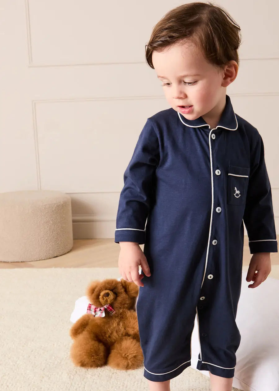 Rocking Horse Embroidered Pima Cotton All In One Pyjamas in Navy (6mths-3yrs) NIGHTWEAR from Pepa London US