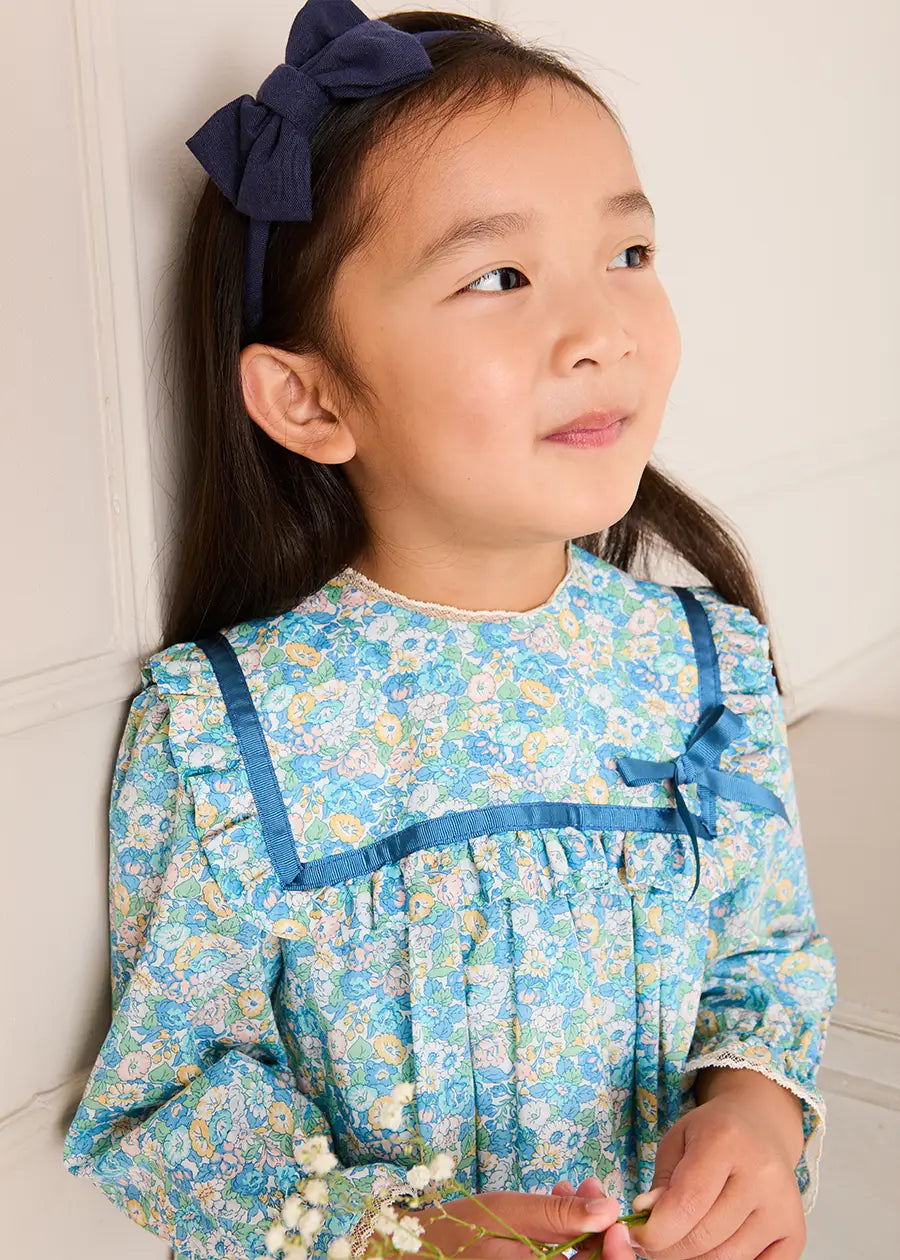 Leontyne Floral Bow Detail Long Sleeve Trapeze Dress in Blue Made with Liberty Fabric (18mths- 10yrs) Dresses from Pepa London US