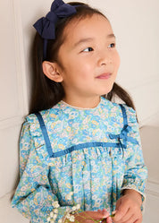 Leontyne Floral Bow Detail Long Sleeve Trapeze Dress in Blue Made with Liberty Fabric (18mths- 10yrs) Dresses from Pepa London US