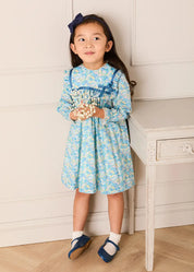 Leontyne Floral Bow Detail Long Sleeve Trapeze Dress in Blue Made with Liberty Fabric (18mths- 10yrs) Dresses from Pepa London US