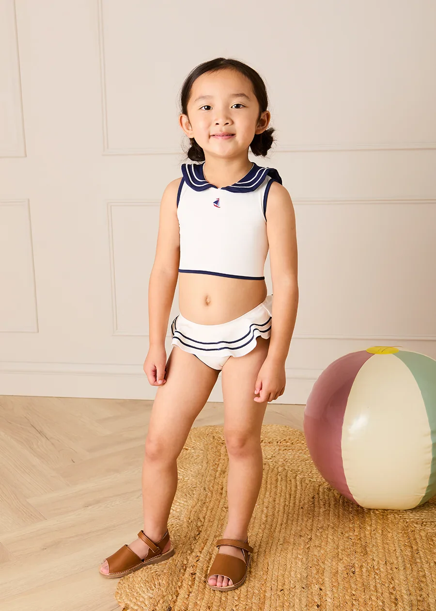 Mariner Collar Embroidered Boat Motif Two Piece Swimsuit in White (12mths- 10yrs) Swimwear from Pepa London US
