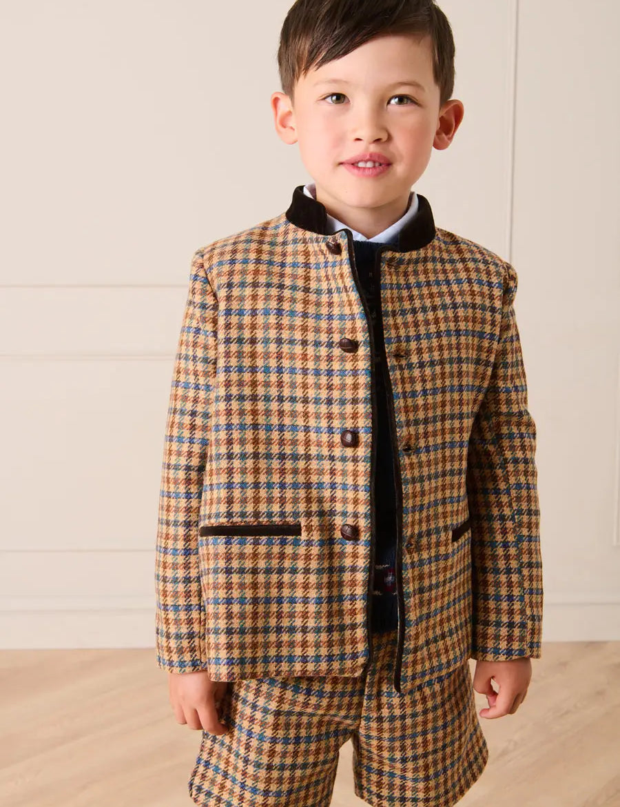 Vincent Check Austrian Single Breasted Jacket in Brown (18mths-10yrs) Coats from Pepa London US