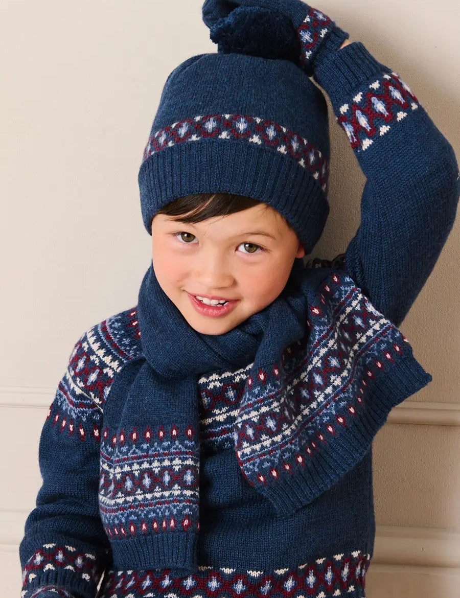 Fair Isle Knitted Pom Pom Hat in Navy (S-L) Knitted Accessories from Pepa London US