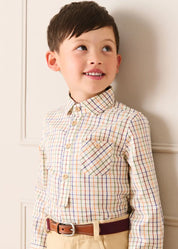 Rutland Check Polo Collar Long Sleeve Shirt in Beige (3-10yrs) Shirts from Pepa London US