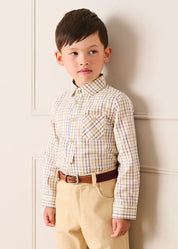 Rutland Check Polo Collar Long Sleeve Shirt in Beige (3-10yrs) Shirts from Pepa London US