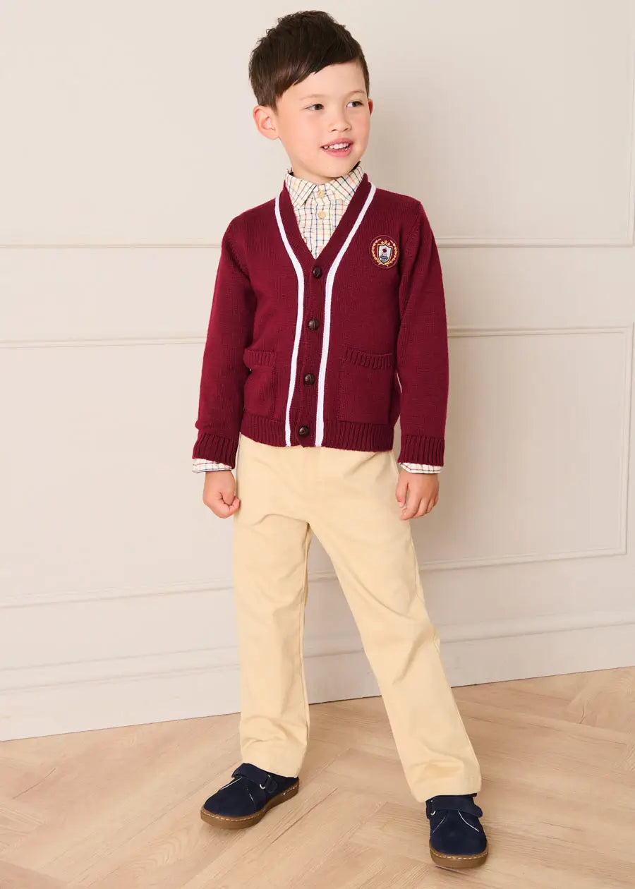 Apple Crest Pocket Detail with White Trim Cardigan in Burgundy (3-10yrs) Knitwear from Pepa London US
