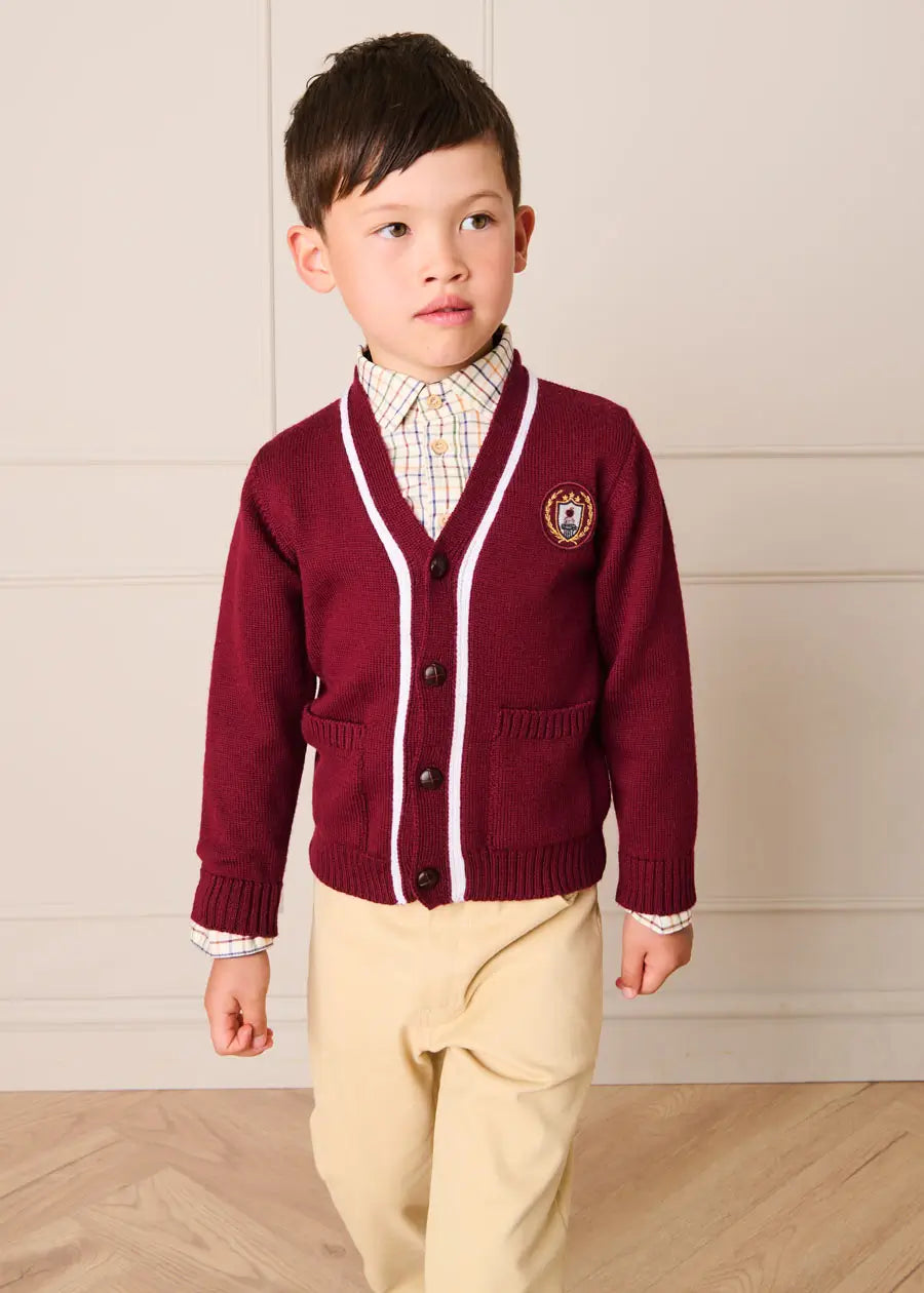 Apple Crest Pocket Detail with White Trim Cardigan in Burgundy (3-10yrs) Knitwear from Pepa London US