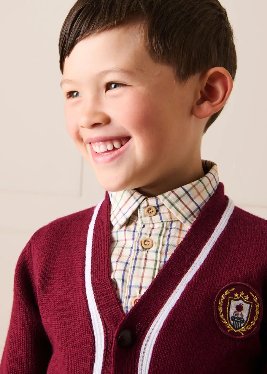 Apple Crest Pocket Detail with White Trim Cardigan in Burgundy (3-10yrs) Knitwear from Pepa London US