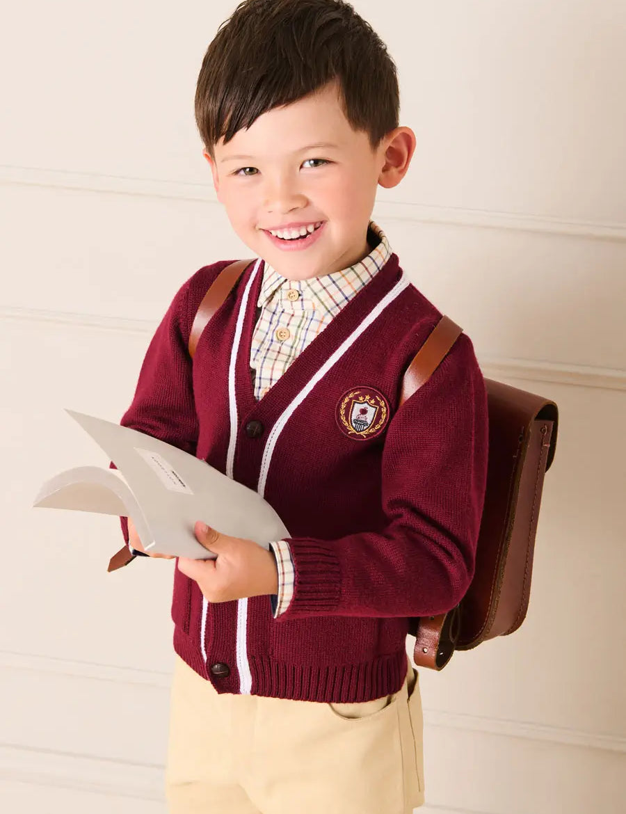 Apple Crest Pocket Detail with White Trim Cardigan in Burgundy (3-10yrs) Knitwear from Pepa London US