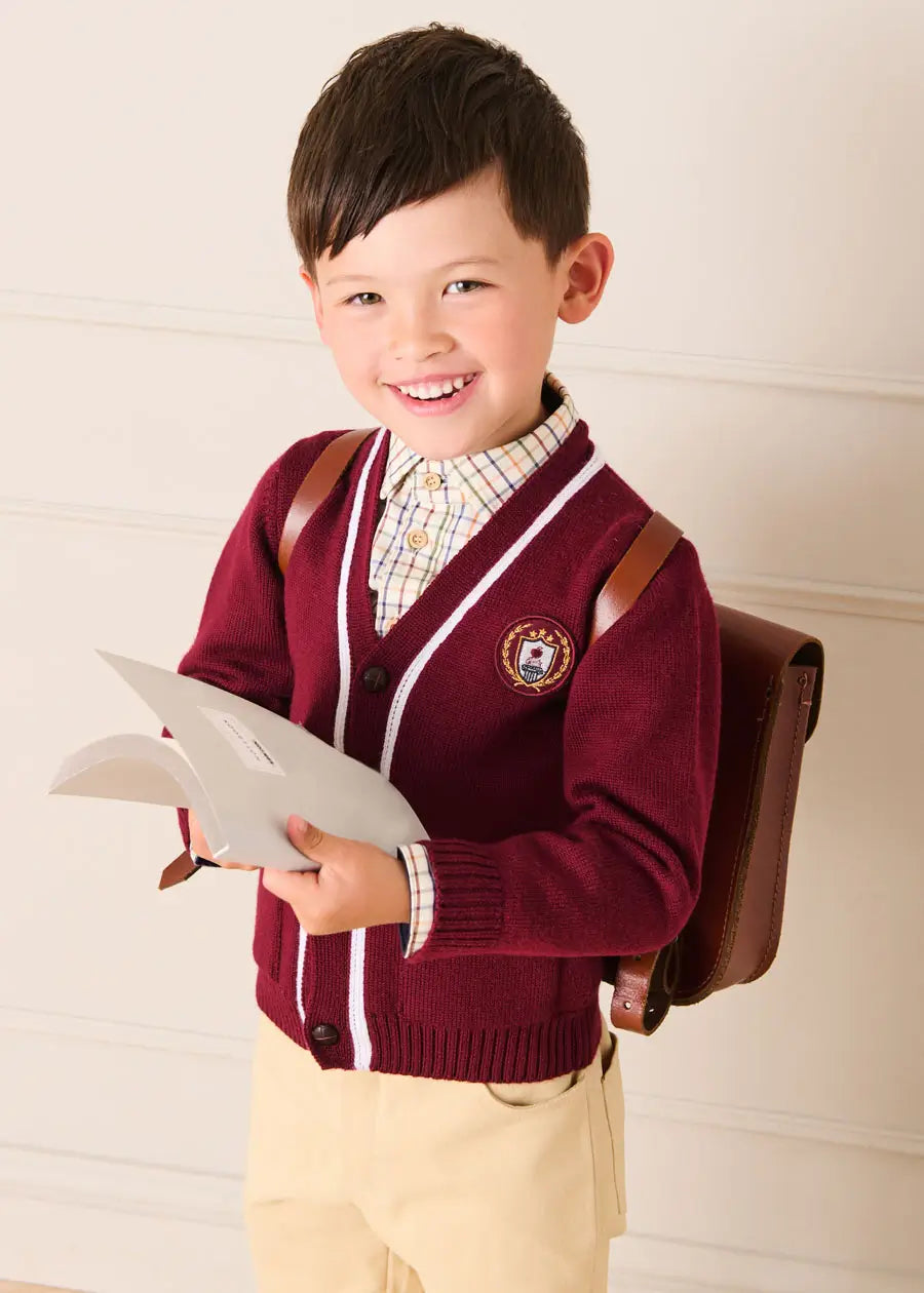 Apple Crest Pocket Detail with White Trim Cardigan in Burgundy (3-10yrs) Knitwear from Pepa London US