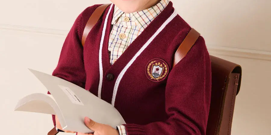 Apple Crest Pocket Detail with White Trim Cardigan in Burgundy (3-10yrs) Knitwear from Pepa London US
