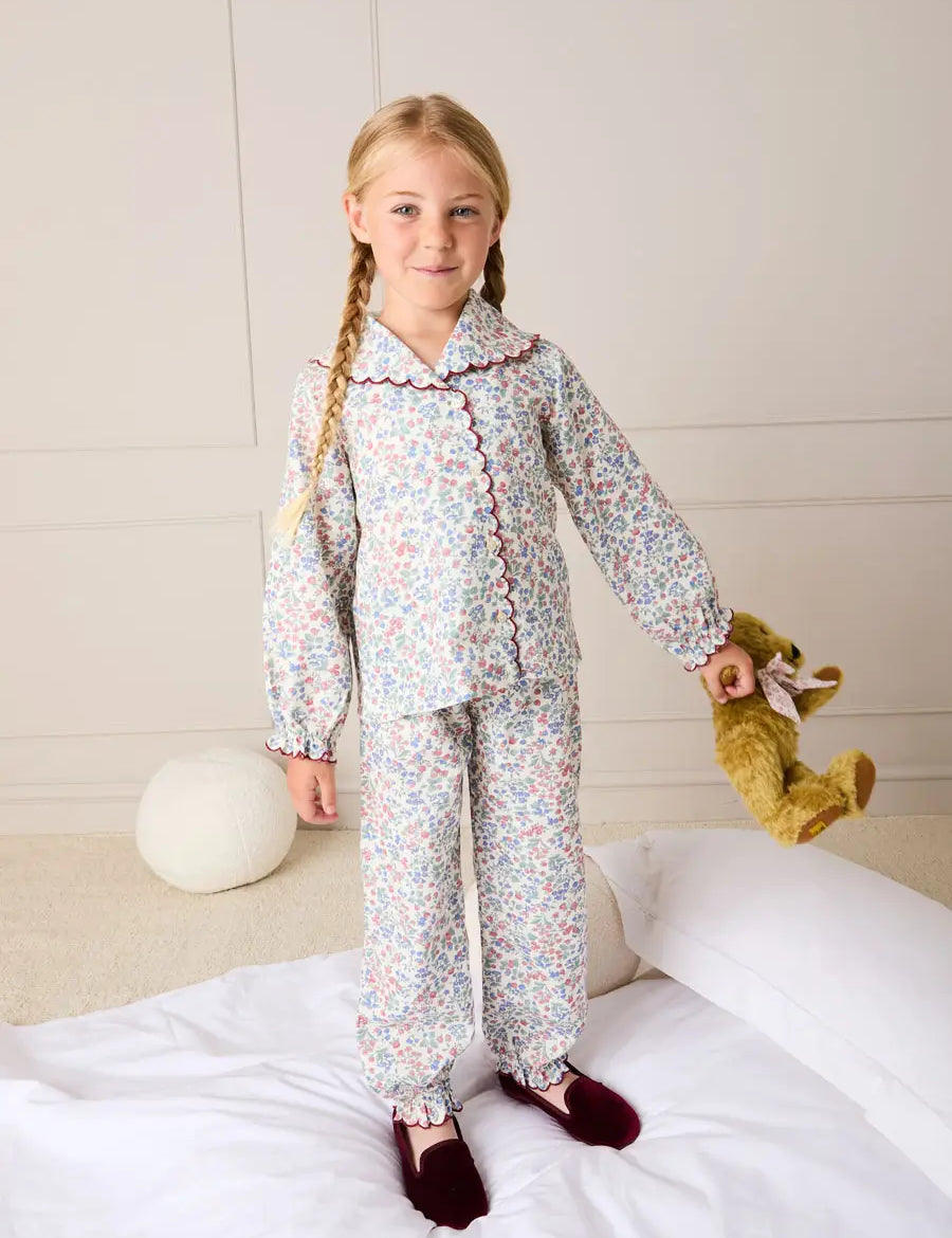 Rebecca Floral Scallop Edge Pyjamas in Red (2-10yrs) Nightwear from Pepa London US