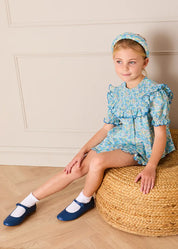 Leontyne Floral Scalloped Smocked Detail Short Sleeve Blouse in Blue Made with Liberty Fabric (2- 10yrs) Blouses from Pepa London US