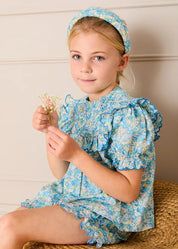 Leontyne Floral Scalloped Smocked Detail Short Sleeve Blouse in Blue Made with Liberty Fabric (2- 10yrs) Blouses from Pepa London US