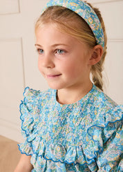 Leontyne Floral Scalloped Smocked Detail Short Sleeve Blouse in Blue Made with Liberty Fabric (2- 10yrs) Blouses from Pepa London US