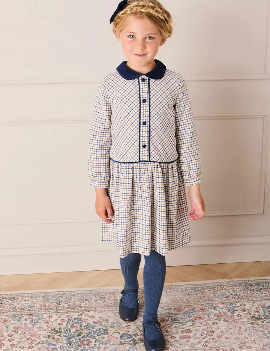 Thirleby Check Velvet Collar Button Detail Long Sleeve Dress in Camel (18mths-12yrs) Dresses from Pepa London US