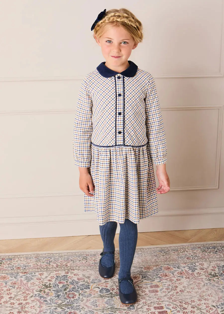 Thirleby Check Velvet Collar Button Detail Long Sleeve Dress in Camel (18mths-12yrs) Dresses from Pepa London US